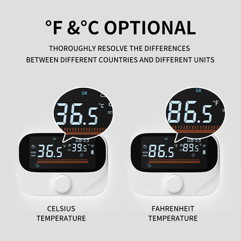 Tuya WiFi స్మార్ట్ థర్మోస్టాట్, °C/°F స్విచ్‌బుల్ డిస్‌ప్లేతో